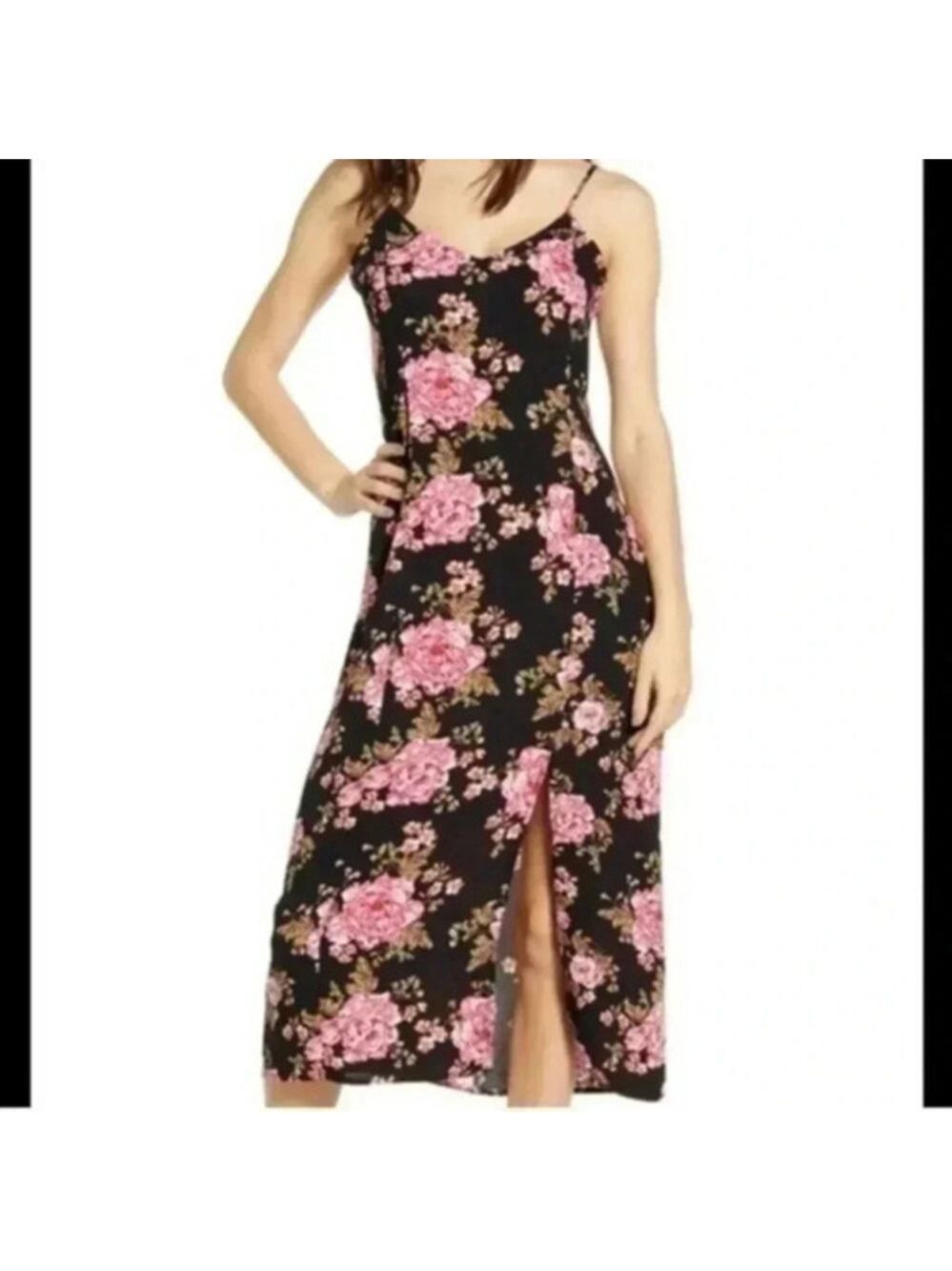 BP Womens Pink Floral Rose Print Midi Slit Cocktail Dress Wedding Guest Size M